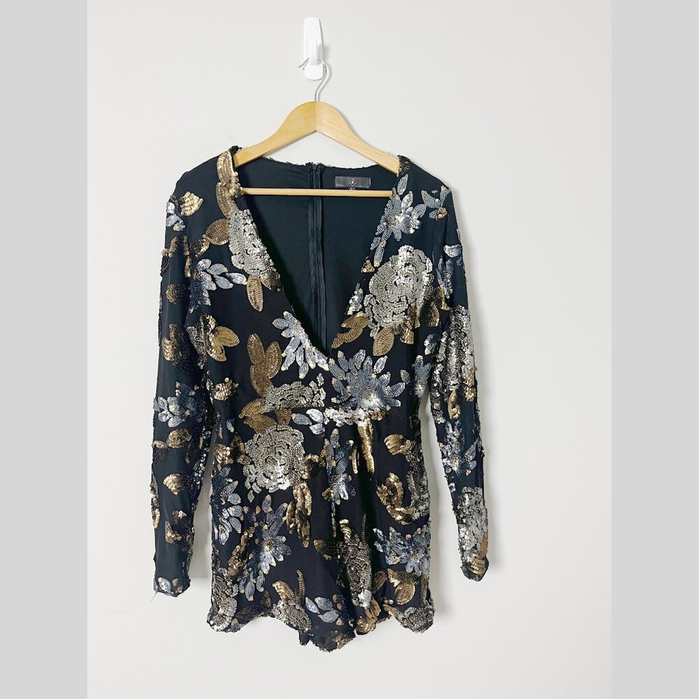 Missguided Black Sequin Floral Wrap Romper with Gold & Silver Accents